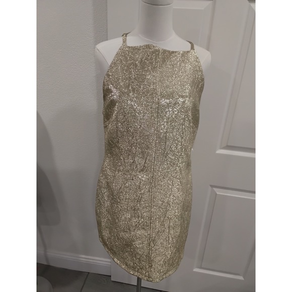 Zara Dresses & Skirts - ZARA Metallic Gold Halter Neck Mini Dress Sparkle Party Occasion Size L